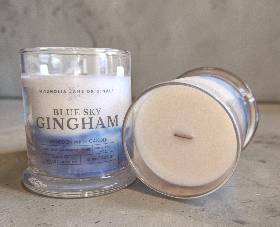 Blue Sky Gingham - Wooden Wick Candle