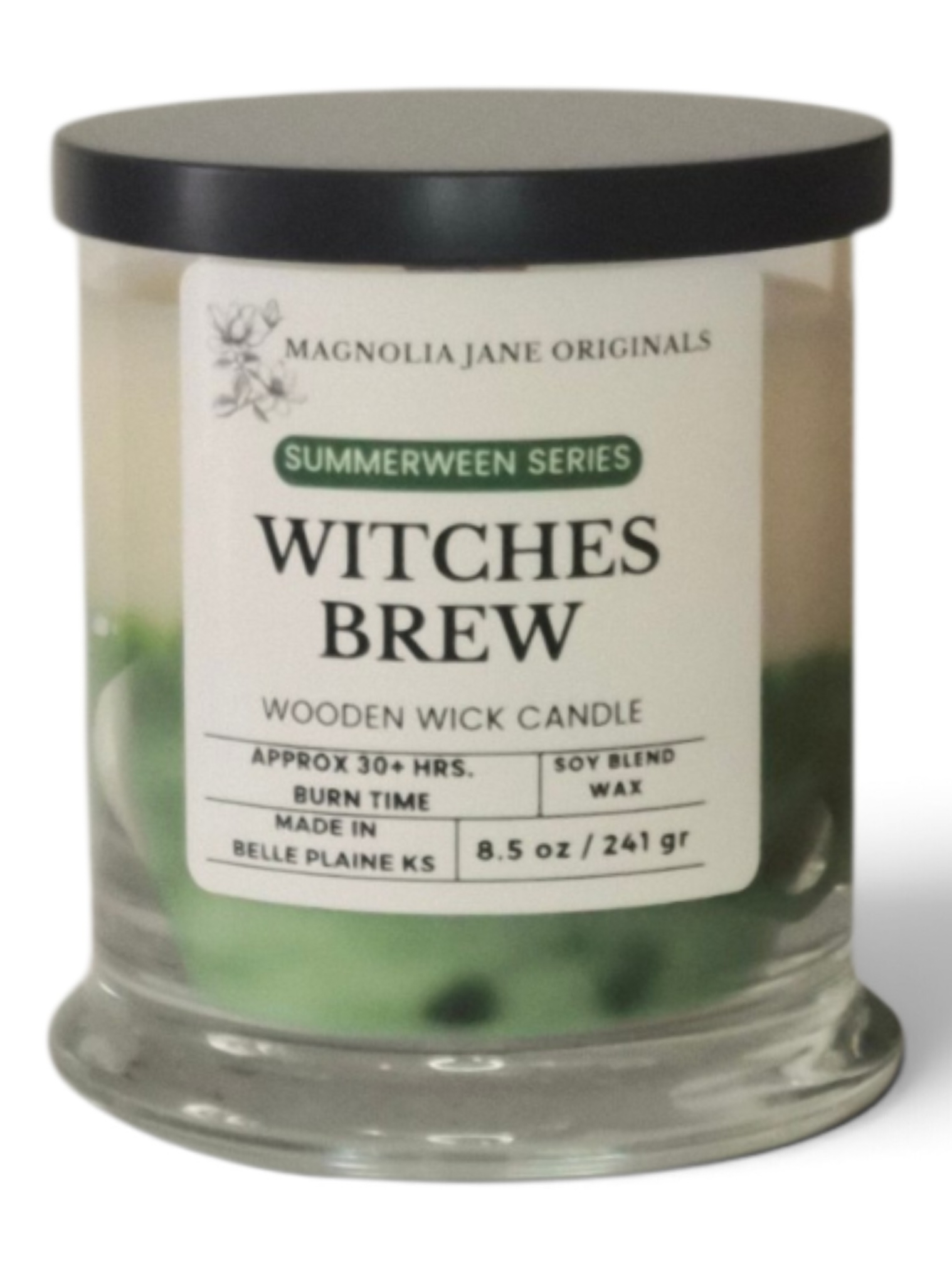 A 8.5 oz glass jar candle with a black lid and a white label reading 'MAGNOLIA JANE ORIGINALS SUMMERWEEN SERIES WITCHES BREW'.